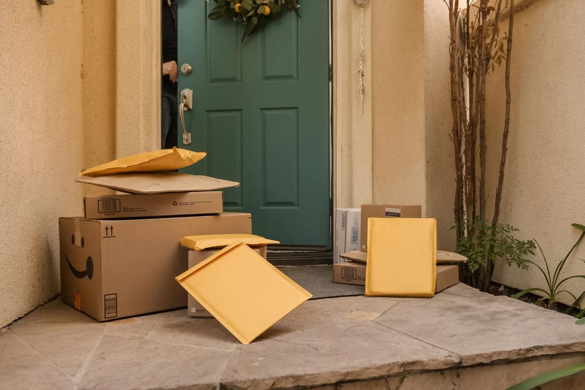 Parcels stacked in a bright hallway