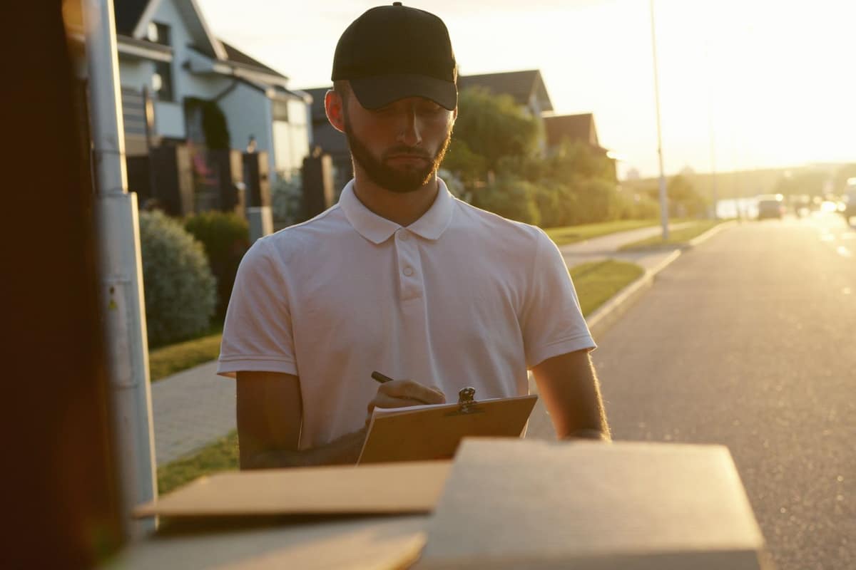 A courier delivering a parcel on a sunny street