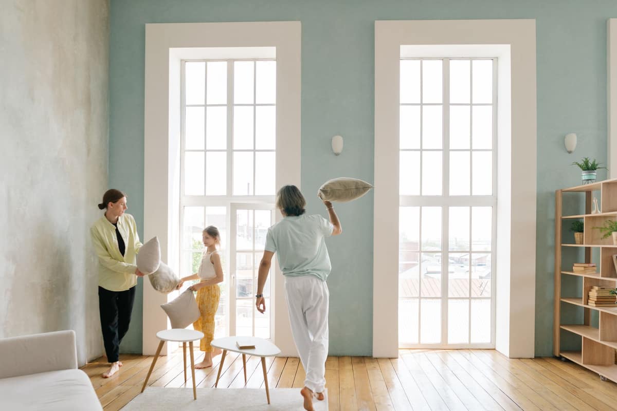 A family together in a bright living room