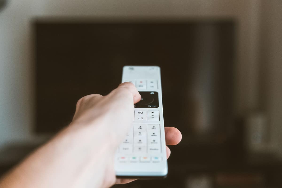 A hand holding a television remote in a bright living room